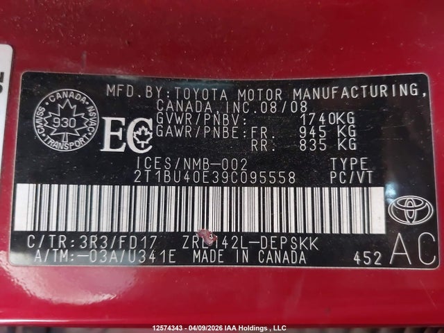 12574343 :رقم المزاد ، 2T1BU40E39C095558 vin ، 2009 Toyota Corolla S مزاد بيع