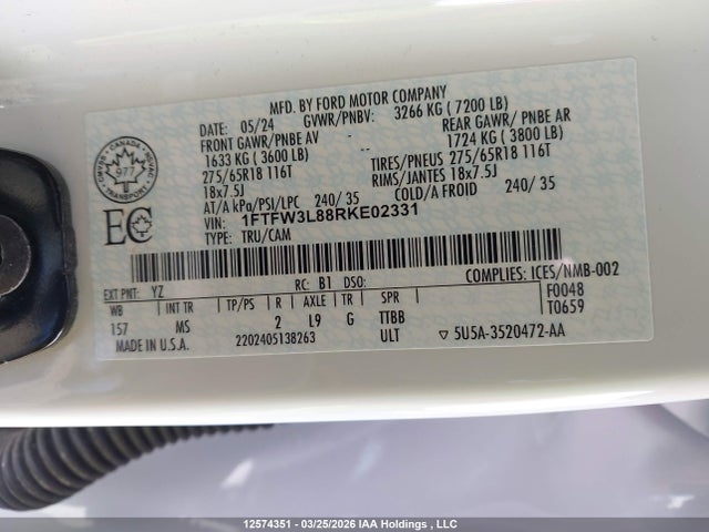 12574351 :رقم المزاد ، 1FTFW3L88RKE02331 vin ، 2024 Ford F150 Xlt مزاد بيع