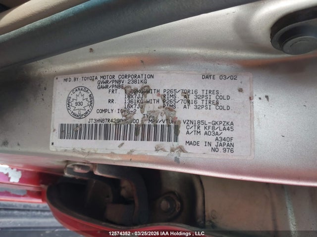 Продаж на аукціоні авто 2002 Toyota 4runner Limited, vin: JT3HN87R429070000, номер лоту: 12574352