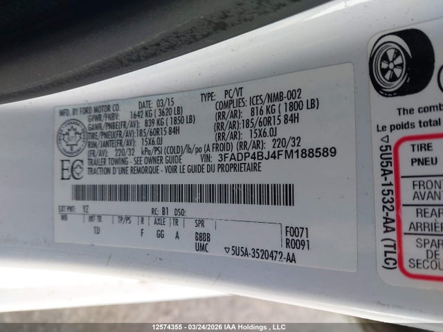 Aukcja sprzedaży 2015 Ford Fiesta Se, vin: 3FADP4BJ4FM188589, numer aukcji: 12574355