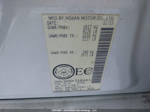 1N4AL3AP8GN318461 Nissan Altima 2.5/2.5 S/2.5 Sl Tech/2.5 Sr/2.5 Sv