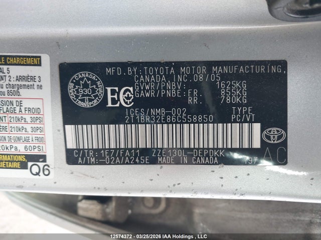 Aukcja sprzedaży 2006 Toyota Corolla, vin: 2T1BR32E86C558850, numer aukcji: 12574372