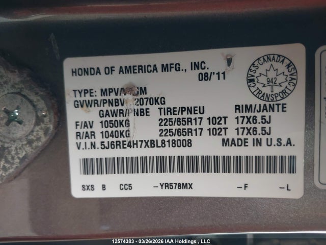 2011 Honda Cr-v Ex-l მანქანა იყიდება აუქციონზე, vin: 5J6RE4H7XBL818008, აუქციონის ნომერი: 12574383