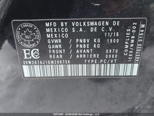 12574385 :رقم المزاد ، 3VW267AJ1GM288736 vin ، 2016 Volkswagen Jetta 1.4 Tsi Trendline/1.4 Tsi Trendline+ مزاد بيع