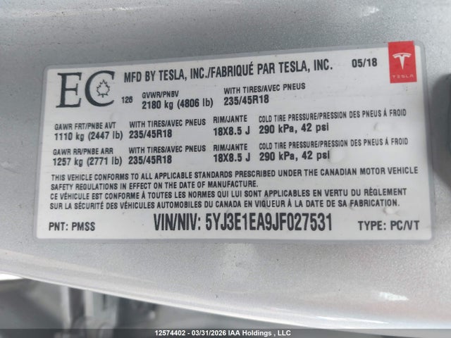 12574402 :رقم المزاد ، 5YJ3E1EA9JF027531 vin ، 2018 Tesla Model 3 Long Range/mid Range مزاد بيع
