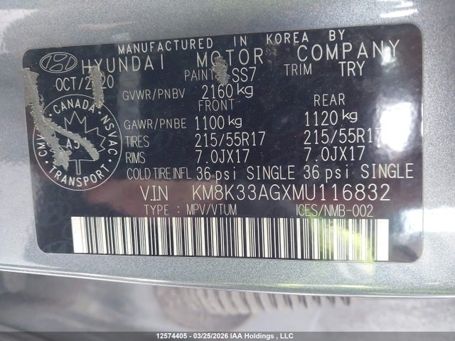 12574405 :رقم المزاد ، KM8K33AGXMU116832 vin ، 2021 Hyundai Kona Electric Ultimate مزاد بيع