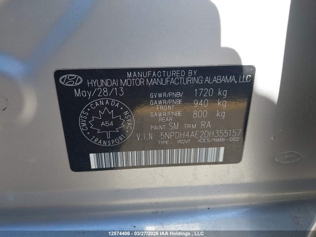 12574406 :رقم المزاد ، 5NPDH4AE2DH355157 vin ، 2013 Hyundai Elantra Gls/limited مزاد بيع