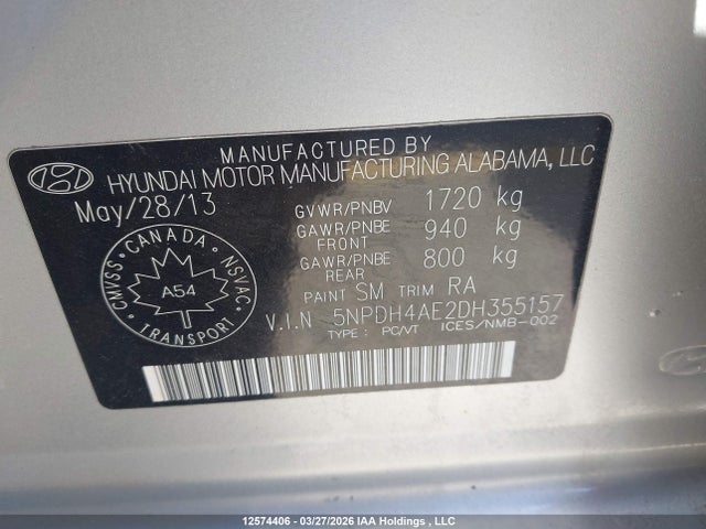 12574406 :رقم المزاد ، 5NPDH4AE2DH355157 vin ، 2013 Hyundai Elantra Gls/limited مزاد بيع