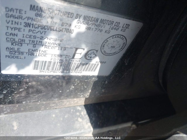 Продажа на аукционе авто 2020 Nissan Kicks Sv, vin: 3N1CP5CV6LL547040, номер лота: 12574414