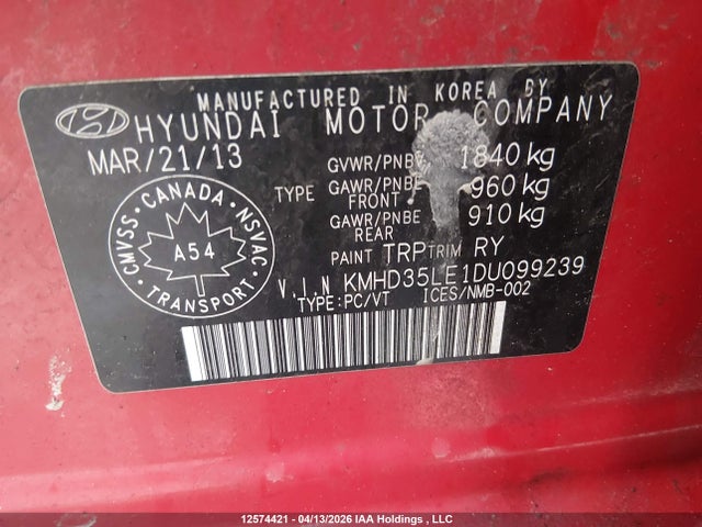 12574421 :رقم المزاد ، KMHD35LE1DU099239 vin ، 2013 Hyundai Elantra Gt مزاد بيع