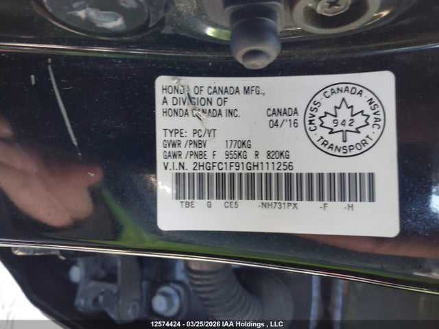 2016 Honda Civic Touring მანქანა იყიდება აუქციონზე, vin: 2HGFC1F91GH111256, აუქციონის ნომერი: 12574424