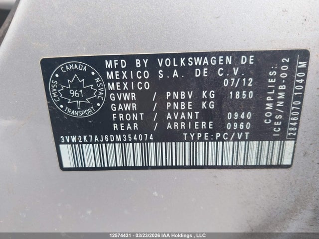 12574431 :رقم المزاد ، 3VW2K7AJ6DM354074 vin ، 2013 Volkswagen Jetta S مزاد بيع