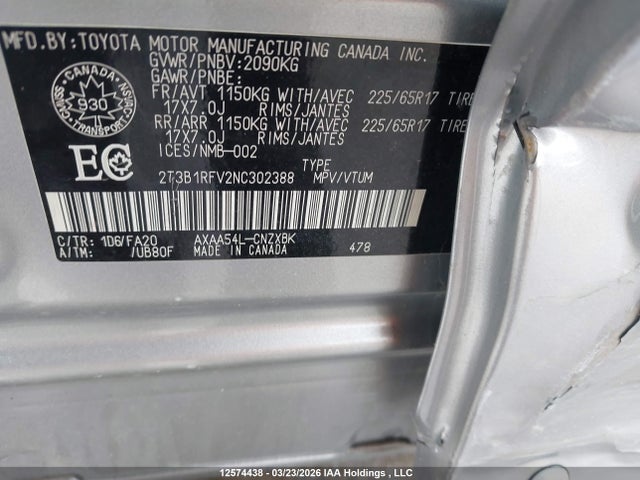 12574438 :رقم المزاد ، 2T3B1RFV2NC302388 vin ، 2022 Toyota Rav4 Le مزاد بيع