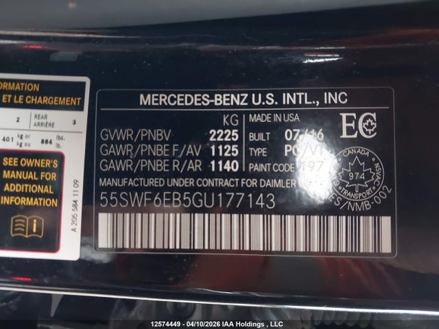 12574449 :رقم المزاد ، 55SWF6EB5GU177143 vin ، 2016 Mercedes-benz C 450 Amg 4matic مزاد بيع