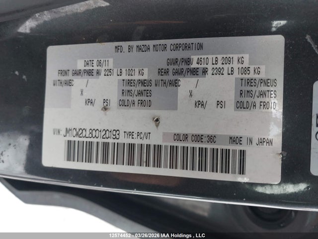 Aukcja sprzedaży 2012 Mazda Mazda5, vin: JM1CW2CL8C0120193, numer aukcji: 12574452