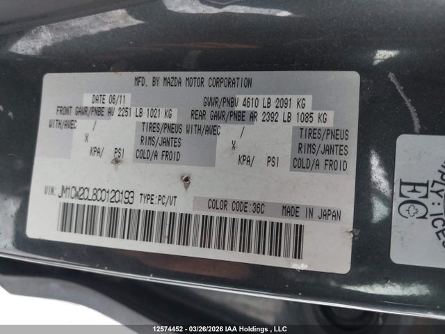Aukcja sprzedaży 2012 Mazda Mazda5, vin: JM1CW2CL8C0120193, numer aukcji: 12574452