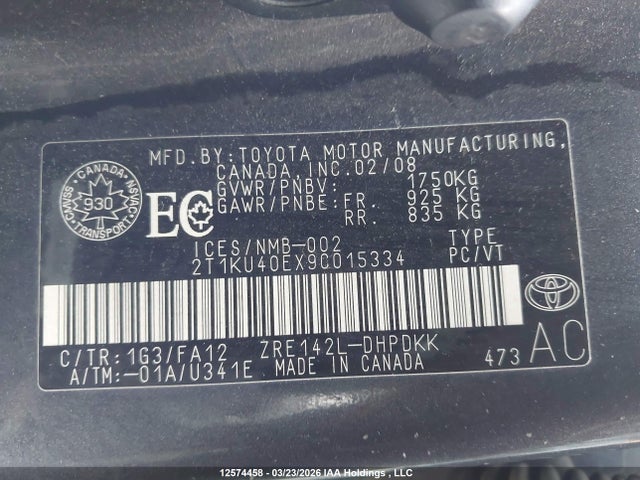 12574458 :رقم المزاد ، 2T1KU40EX9C015334 vin ، 2009 Toyota Corolla Matrix مزاد بيع