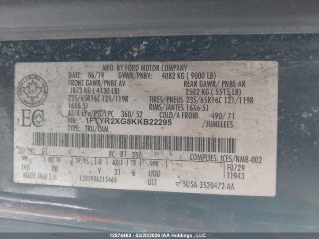2019 Ford Transit-250 მანქანა იყიდება აუქციონზე, vin: 1FTYR2XG8KKB22295, აუქციონის ნომერი: 12574463