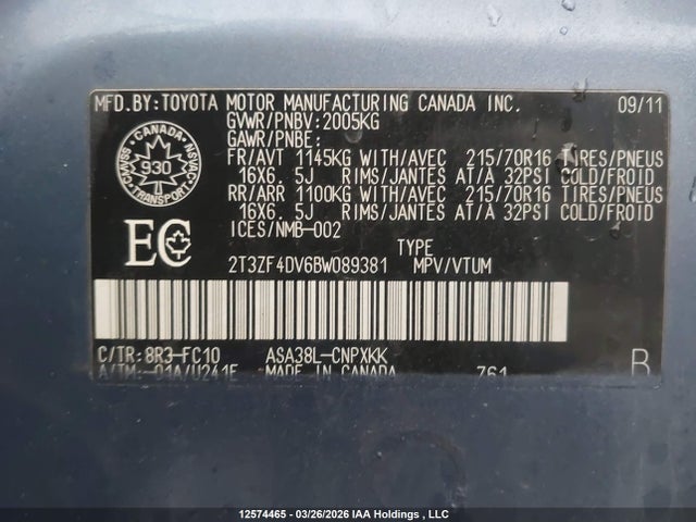 12574465 :رقم المزاد ، 2T3ZF4DV6BW089381 vin ، 2011 Toyota Rav4 مزاد بيع