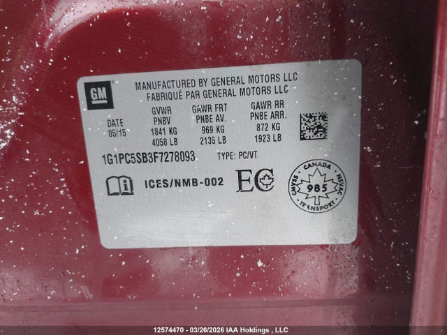 2015 Chevrolet Cruze მანქანა იყიდება აუქციონზე, vin: 1G1PC5SB3F7278093, აუქციონის ნომერი: 12574470