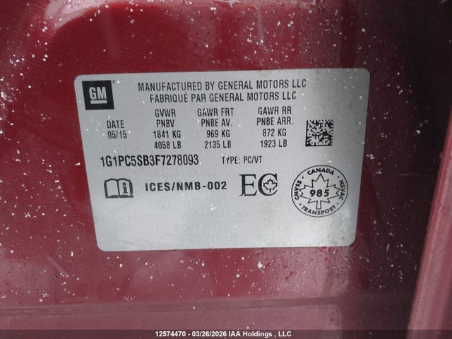 2015 Chevrolet Cruze მანქანა იყიდება აუქციონზე, vin: 1G1PC5SB3F7278093, აუქციონის ნომერი: 12574470