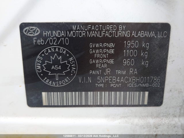 Aukcja sprzedaży 2011 Hyundai Sonata Gl, vin: 5NPEB4ACXBH011786, numer aukcji: 12566611