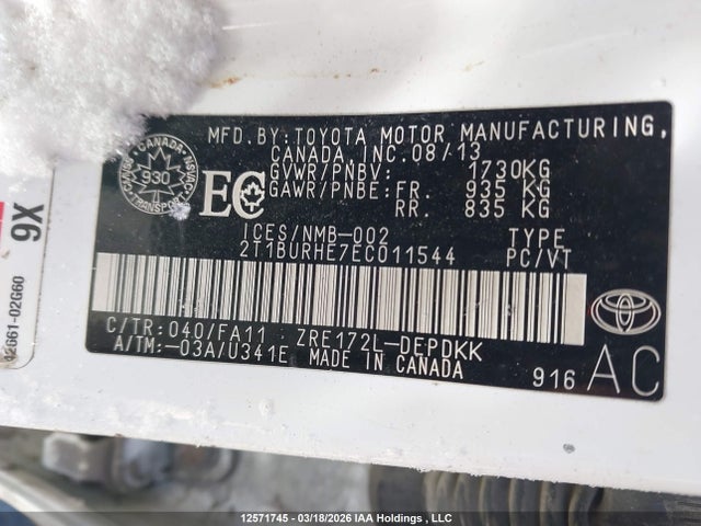 12571745 :رقم المزاد ، 2T1BURHE7EC011544 vin ، 2014 Toyota Corolla Ce مزاد بيع