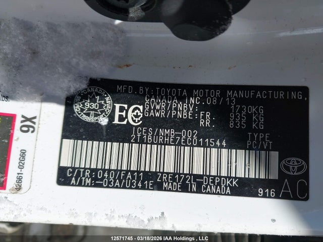 12571745 :رقم المزاد ، 2T1BURHE7EC011544 vin ، 2014 Toyota Corolla Ce مزاد بيع