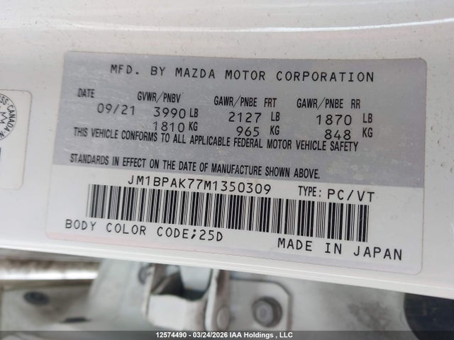 Aukcja sprzedaży 2021 Mazda Mazda3 Gx, vin: JM1BPAK77M1350309, numer aukcji: 12574490