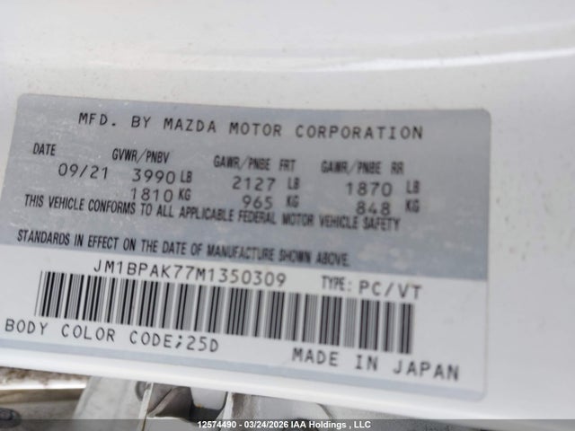 Aukcja sprzedaży 2021 Mazda Mazda3 Gx, vin: JM1BPAK77M1350309, numer aukcji: 12574490