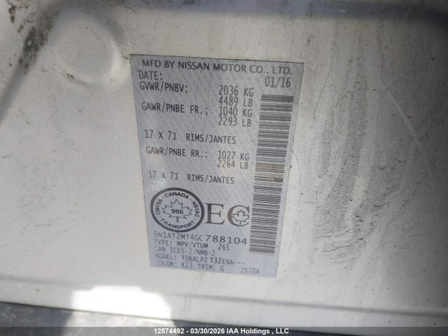 12574492 :رقم المزاد ، 5N1AT2MT4GC788104 vin ، 2016 Nissan Rogue S/sl/sv مزاد بيع