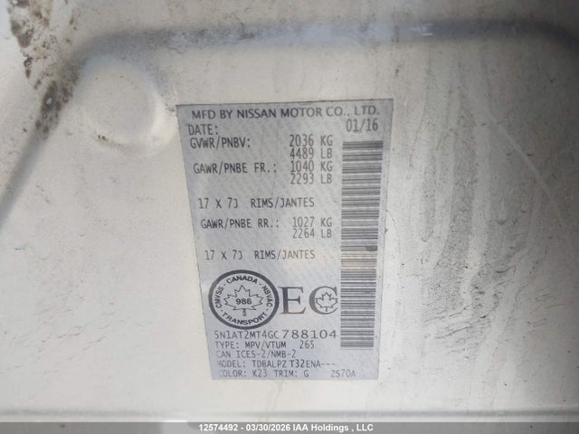 12574492 :رقم المزاد ، 5N1AT2MT4GC788104 vin ، 2016 Nissan Rogue S/sl/sv مزاد بيع