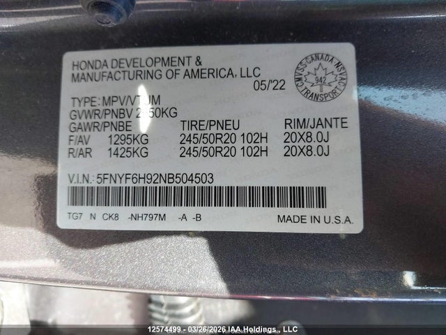 Продажа на аукционе авто 2022 Honda Pilot Touring 8p, vin: 5FNYF6H92NB504503, номер лота: 12574499