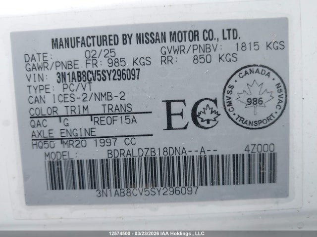Aukcja sprzedaży 2025 Nissan Sentra Sv, vin: 3N1AB8CV5SY296097, numer aukcji: 12574500