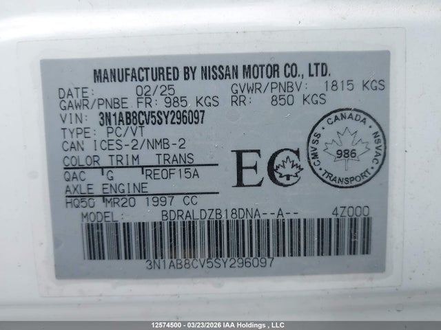 Aukcja sprzedaży 2025 Nissan Sentra Sv, vin: 3N1AB8CV5SY296097, numer aukcji: 12574500