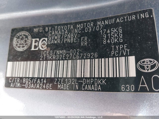 Aukcja sprzedaży 2007 Toyota Matrix Xr, vin: 2T1KR32E27C672926, numer aukcji: 12574503