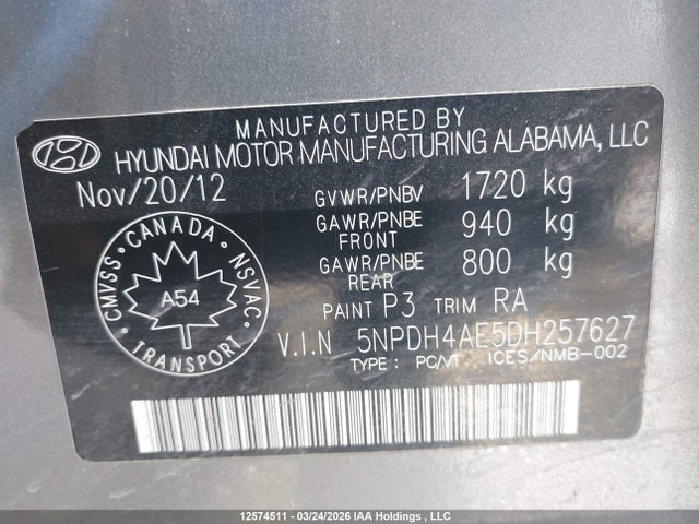 Продажа на аукционе авто 2013 Hyundai Elantra, vin: 5NPDH4AE5DH257627, номер лота: 12574511