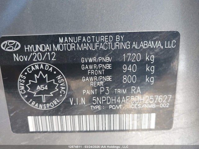 Продажа на аукционе авто 2013 Hyundai Elantra, vin: 5NPDH4AE5DH257627, номер лота: 12574511