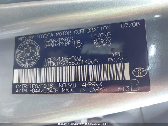 12574513 :رقم المزاد ، JTDKT923685214565 vin ، 2008 Toyota Yaris مزاد بيع