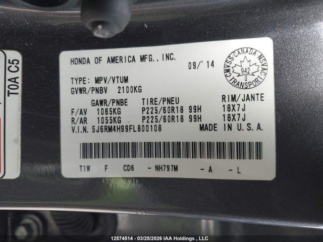 Продаж на аукціоні авто 2015 Honda Cr-v, vin: 5J6RM4H99FL800108, номер лоту: 12574514