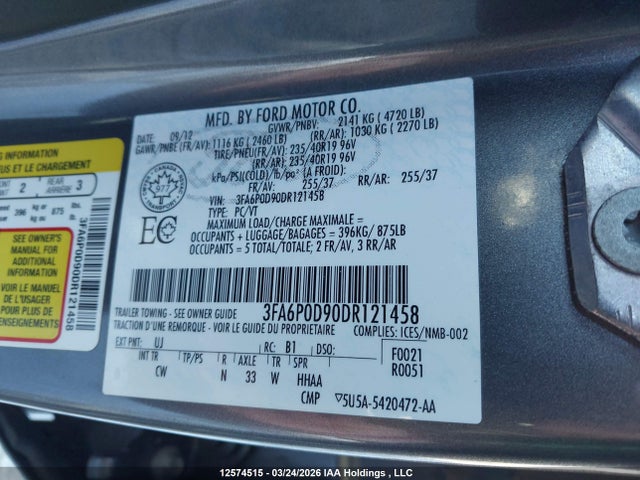 2013 Ford Fusion Titanium მანქანა იყიდება აუქციონზე, vin: 3FA6P0D90DR121458, აუქციონის ნომერი: 12574515