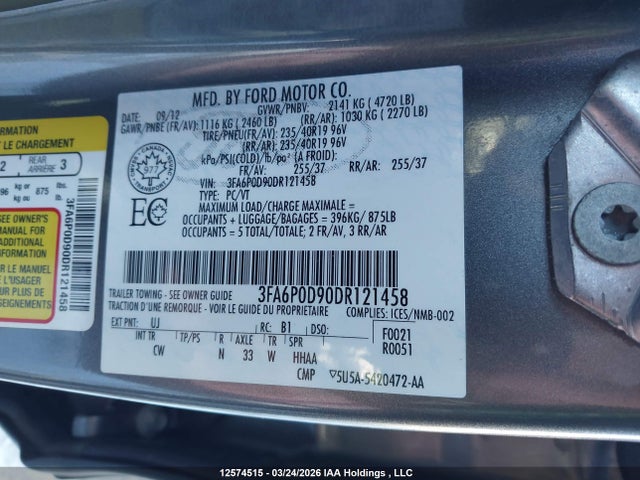 2013 Ford Fusion Titanium მანქანა იყიდება აუქციონზე, vin: 3FA6P0D90DR121458, აუქციონის ნომერი: 12574515
