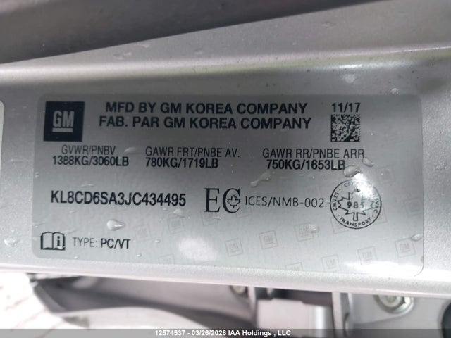 12574537 :رقم المزاد ، KL8CD6SA3JC434495 vin ، 2018 Chevrolet Spark 1lt Cvt مزاد بيع