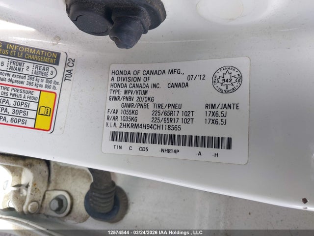 Продажа на аукционе авто 2012 Honda Cr-v Touring, vin: 2HKRM4H94CH118565, номер лота: 12574544