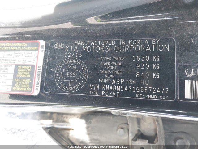 KNADM5A31G6672472 KIA Rio Ex/ex+ W/sunroof/lx/lx+/lx+ Eco/sx