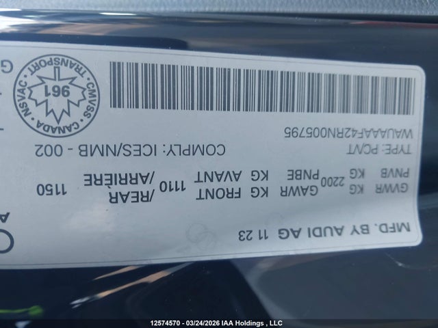 Aukcja sprzedaży 2024 Audi A4 Komfort 45, vin: WAUAAAF42RN005795, numer aukcji: 12574570