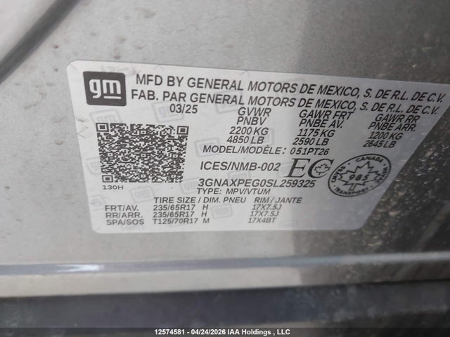 2025 Chevrolet Equinox Lt მანქანა იყიდება აუქციონზე, vin: 3GNAXPEG0SL259325, აუქციონის ნომერი: 12574581