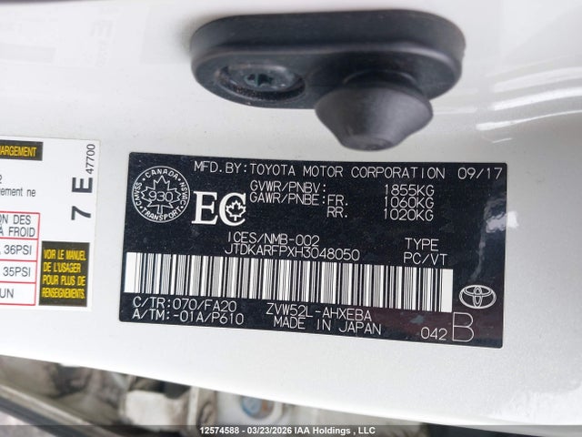 12574588 :رقم المزاد ، JTDKARFPXH3048050 vin ، 2017 Toyota Prius Prime مزاد بيع