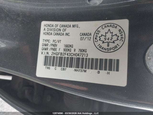 12574590 :رقم المزاد ، 2HGFB2F43CH047213 vin ، 2012 Honda Civic مزاد بيع