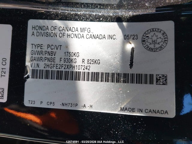 12574591 :رقم المزاد ، 2HGFE2F2XPH107242 vin ، 2023 Honda Civic Lx/lx-b مزاد بيع